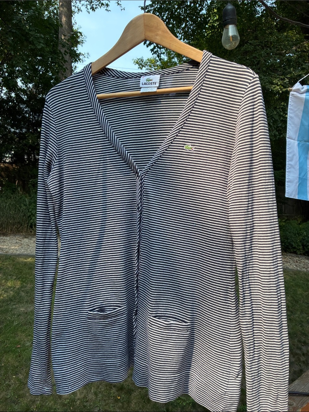 Lacoste Vintage Navy and White Striped V-Neck Cardigan